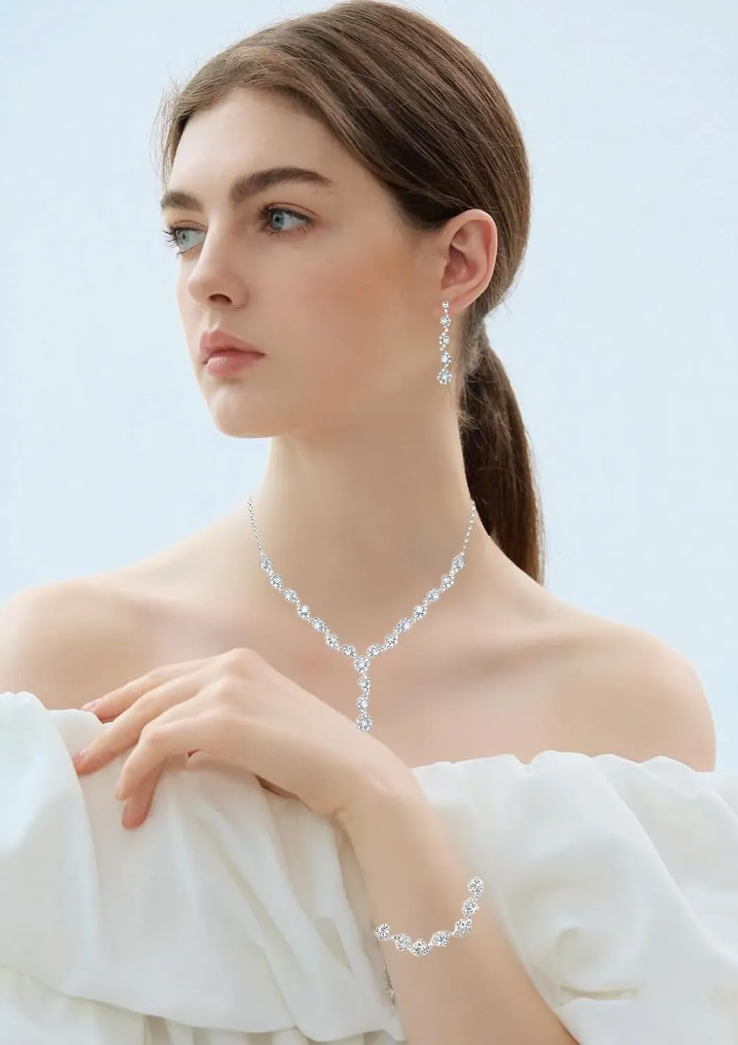 SFE Elegant Bridal Crystal Necklace Dangle Earrings Bracelet Wedding Jewelry Sets for Bridesmaid Prom Costume for Women
