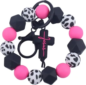 Silicone Beads Wristlet Keychain, Bull Cross Pendant Beaded Wrist Bracelet Keyring Car Key Chain Women Accessories