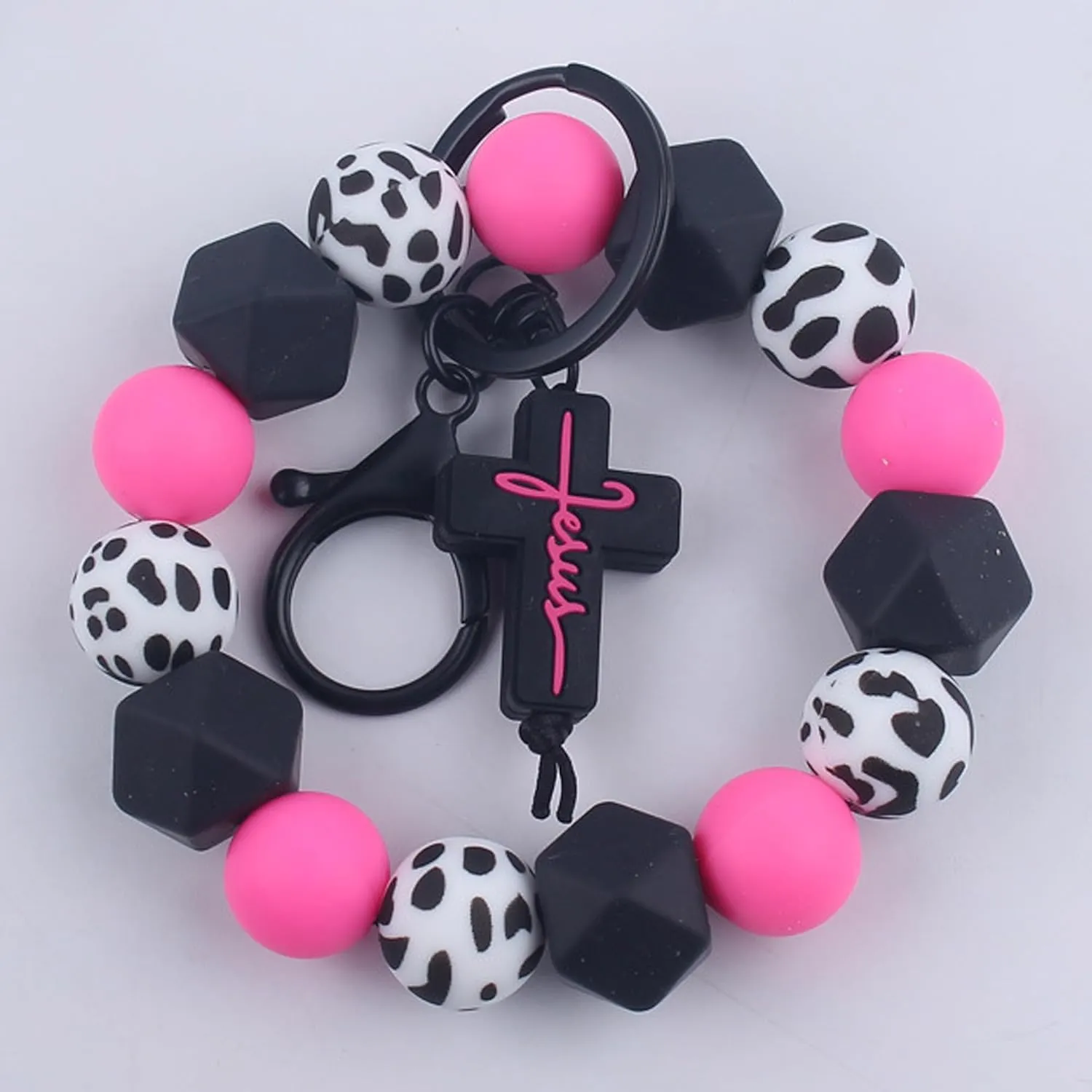 Silicone Beads Wristlet Keychain, Bull Cross Pendant Beaded Wrist Bracelet Keyring Car Key Chain Women Accessories