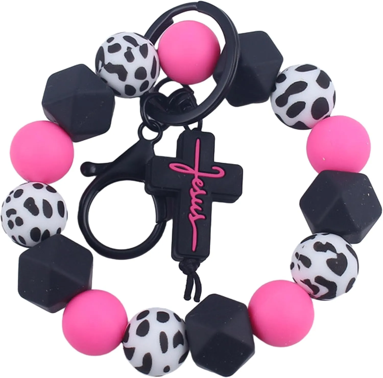 Silicone Beads Wristlet Keychain, Bull Cross Pendant Beaded Wrist Bracelet Keyring Car Key Chain Women Accessories