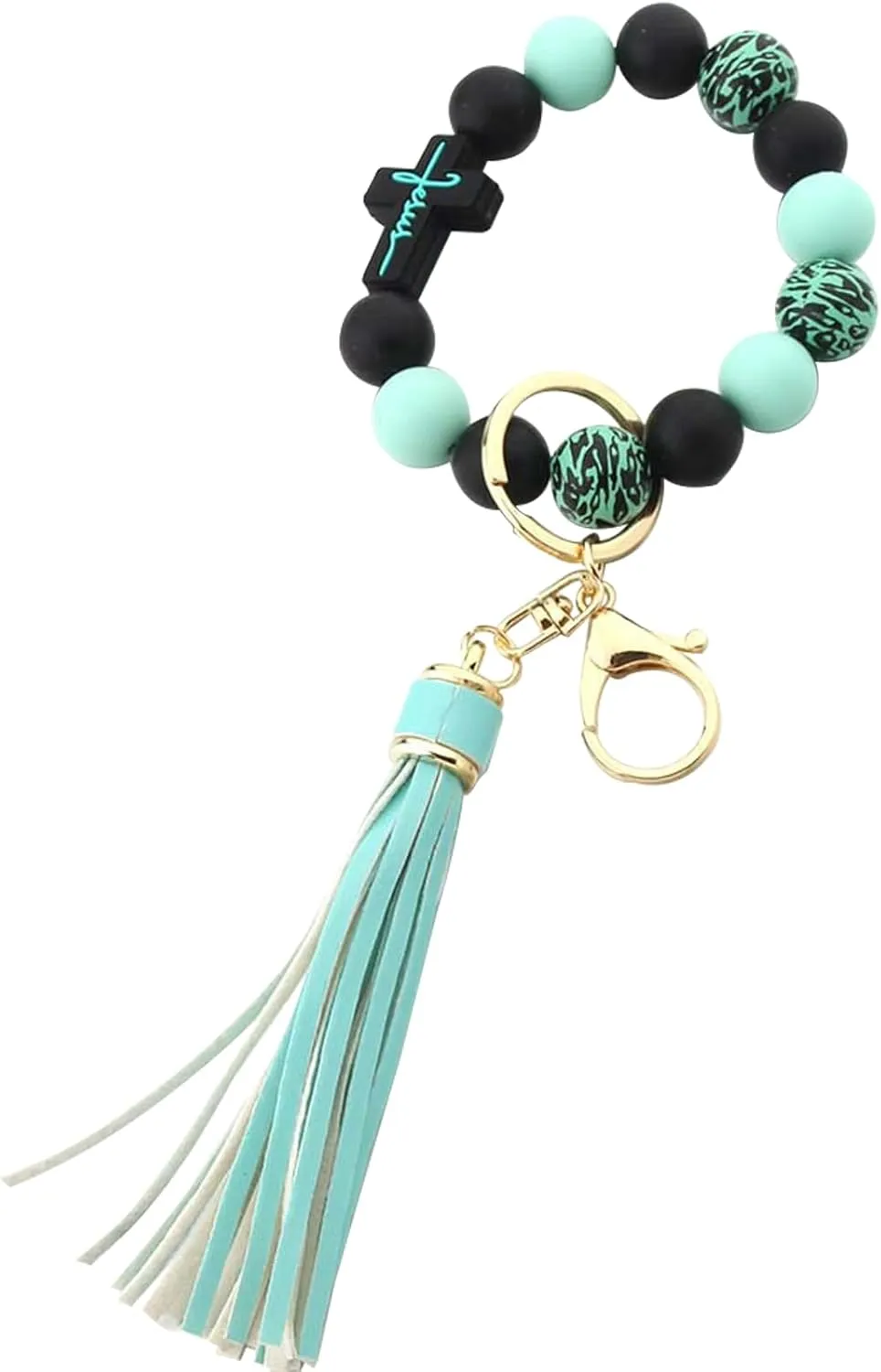 Silicone Cross Keychain Bracelet for Women Girls Unique Silicone Beaded Bangle with Leather Tassel for Car Keys