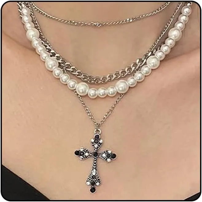 Silver Layered Cross Pearl Pendant Necklace Set for Women, 14K Gold Pearl Beaded Crucifix Choker Necklaces Charm Cuba Chain Cross Religious Jewelry Set