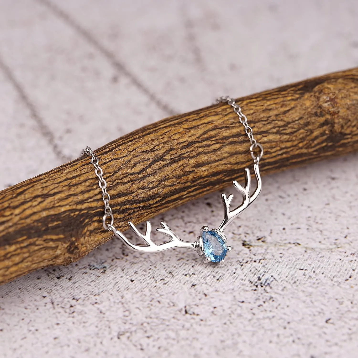 Silver Plated Deer Antlers Necklace for Women - Dainty Teardrop Birthstone Pendant Charm Jewelry Gift