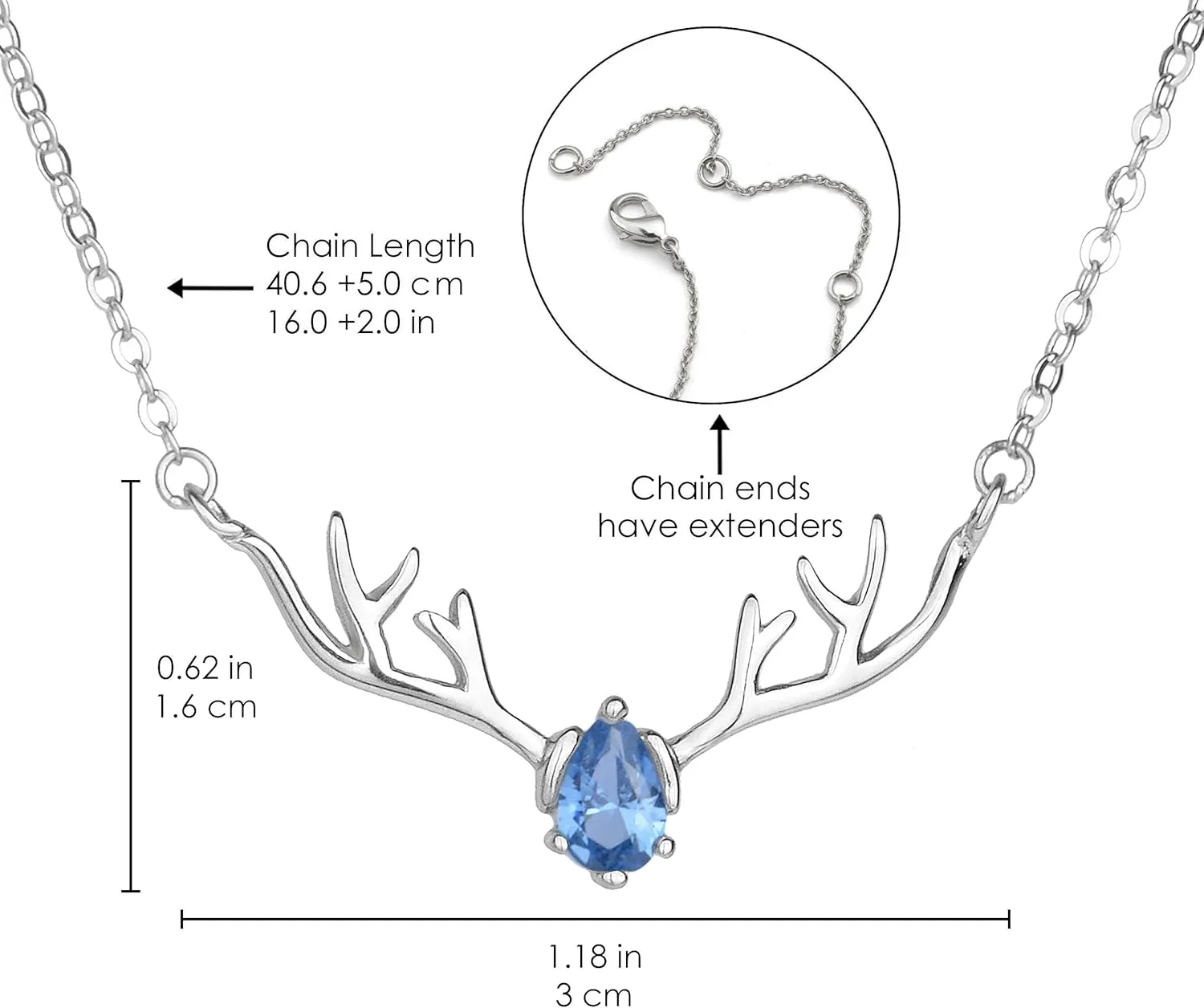 Silver Plated Deer Antlers Necklace for Women - Dainty Teardrop Birthstone Pendant Charm Jewelry Gift