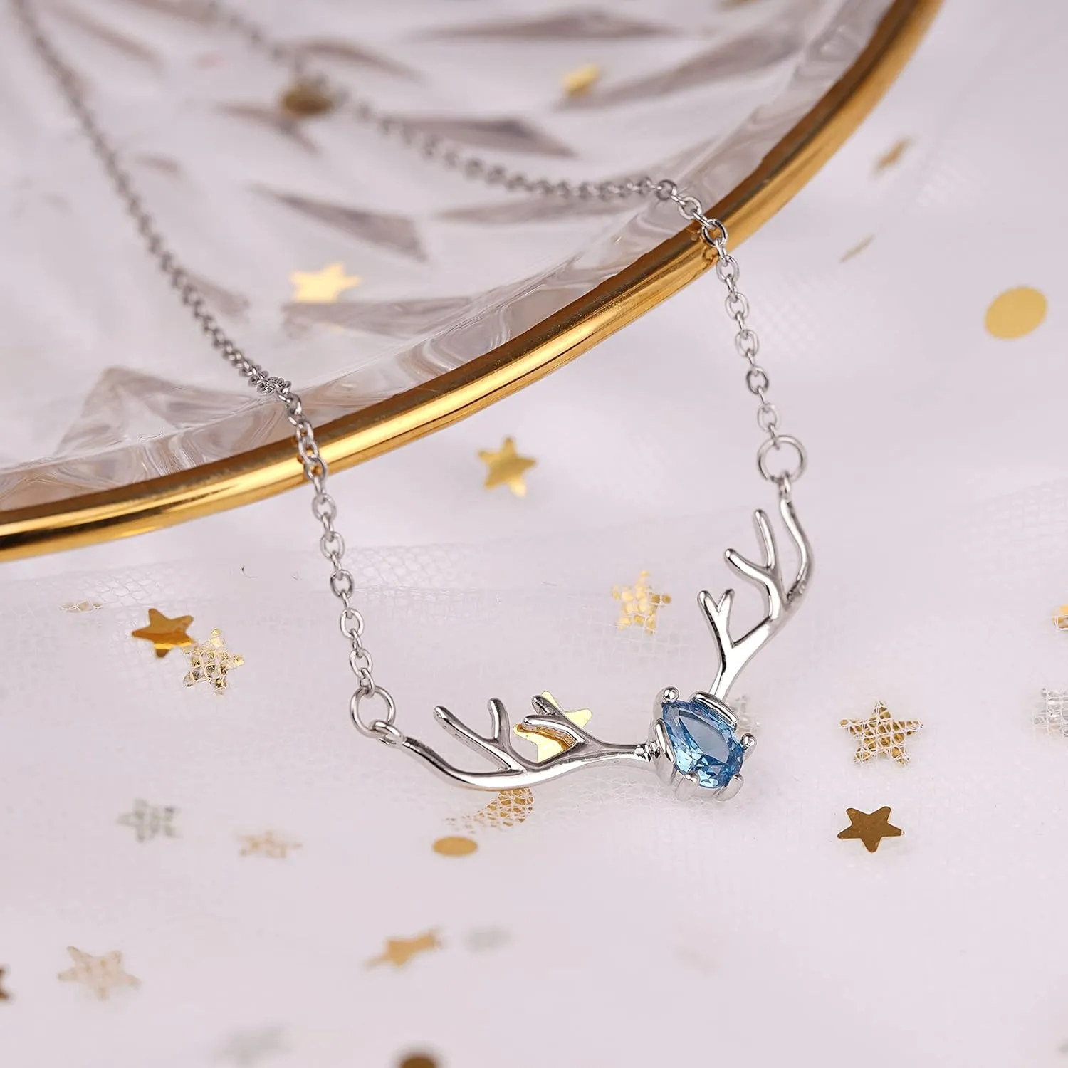 Silver Plated Deer Antlers Necklace for Women - Dainty Teardrop Birthstone Pendant Charm Jewelry Gift