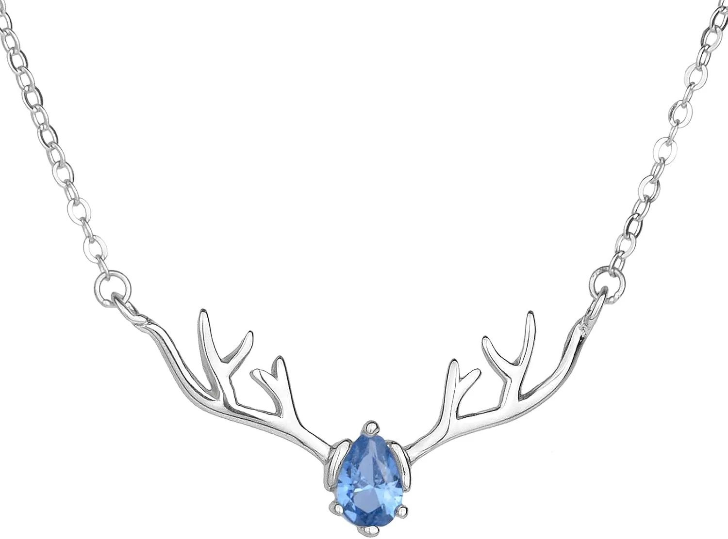 Silver Plated Deer Antlers Necklace for Women - Dainty Teardrop Birthstone Pendant Charm Jewelry Gift