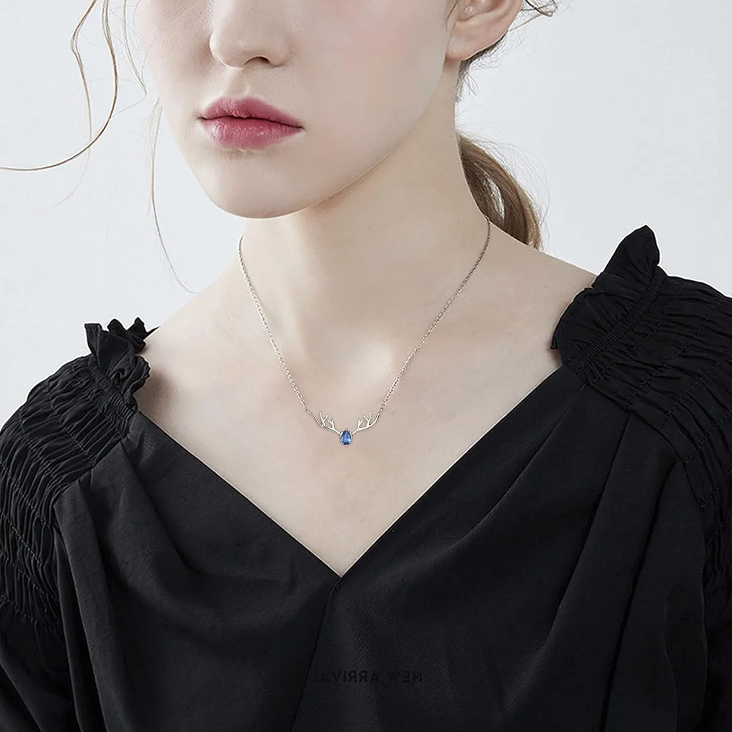 Silver Plated Deer Antlers Necklace for Women - Dainty Teardrop Birthstone Pendant Charm Jewelry Gift