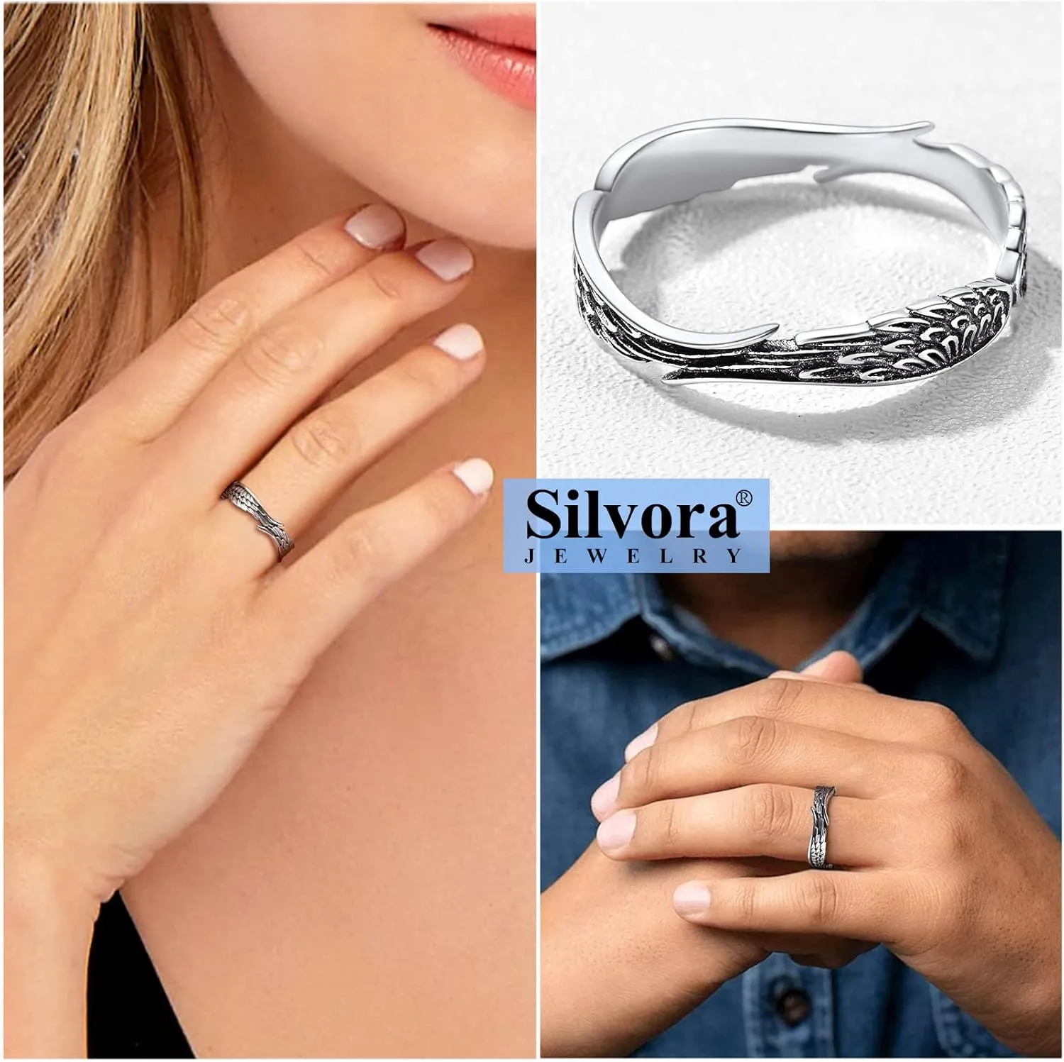 Silvora 925 Sterling Silver Angel Wings Band Rings for Women Men Personalized Custom with Gift Packaging