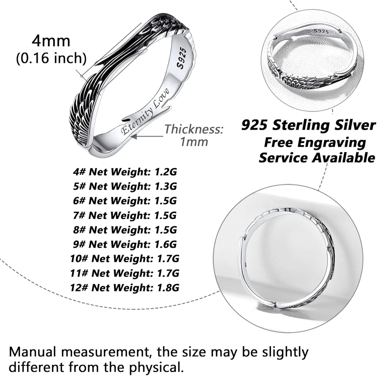 Silvora 925 Sterling Silver Angel Wings Band Rings for Women Men Personalized Custom with Gift Packaging
