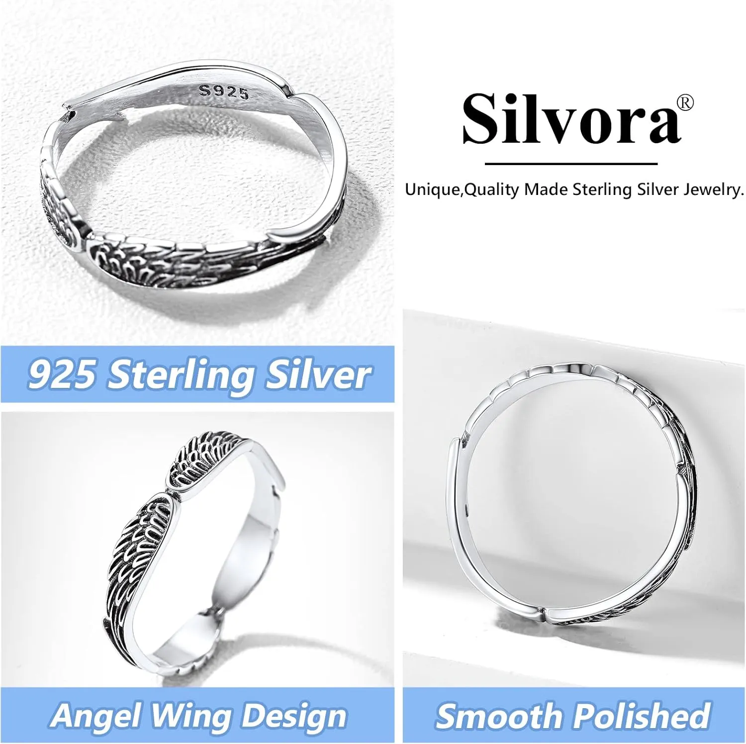 Silvora 925 Sterling Silver Angel Wings Band Rings for Women Men Personalized Custom with Gift Packaging