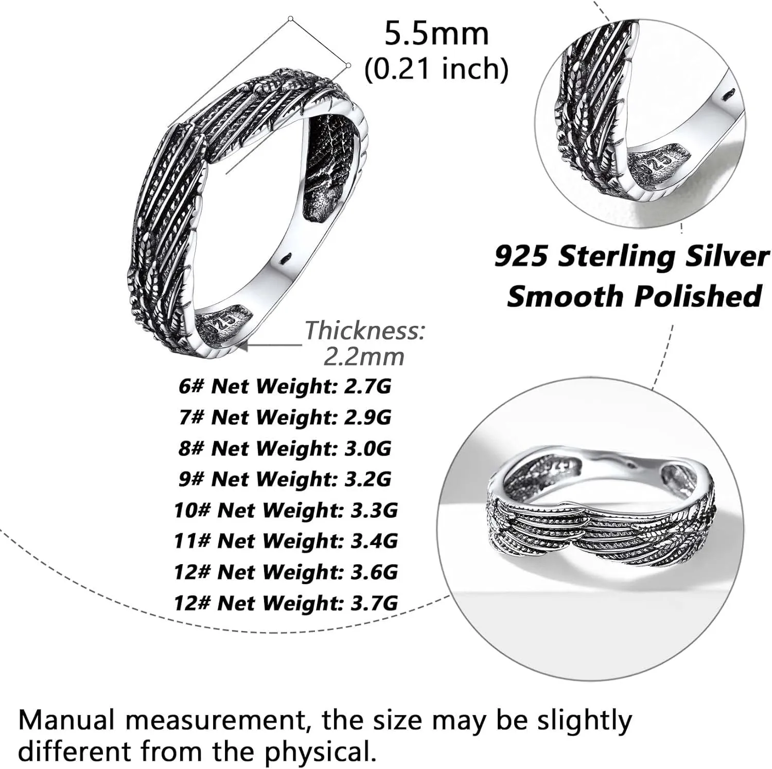 Silvora 925 Sterling Silver Angel Wings Band Rings for Women Men Personalized Custom with Gift Packaging
