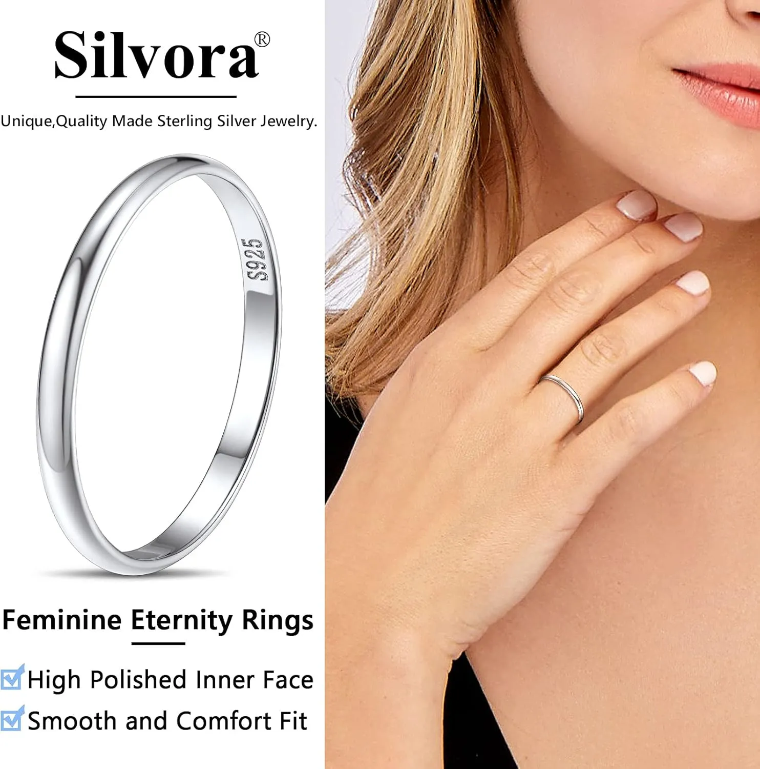 Silvora Sterling Silver Polished Band Rings, 2mm/3mm/5mm Rose Gold Eternity Wedding Engagement Bands for Women Men Size 4-12