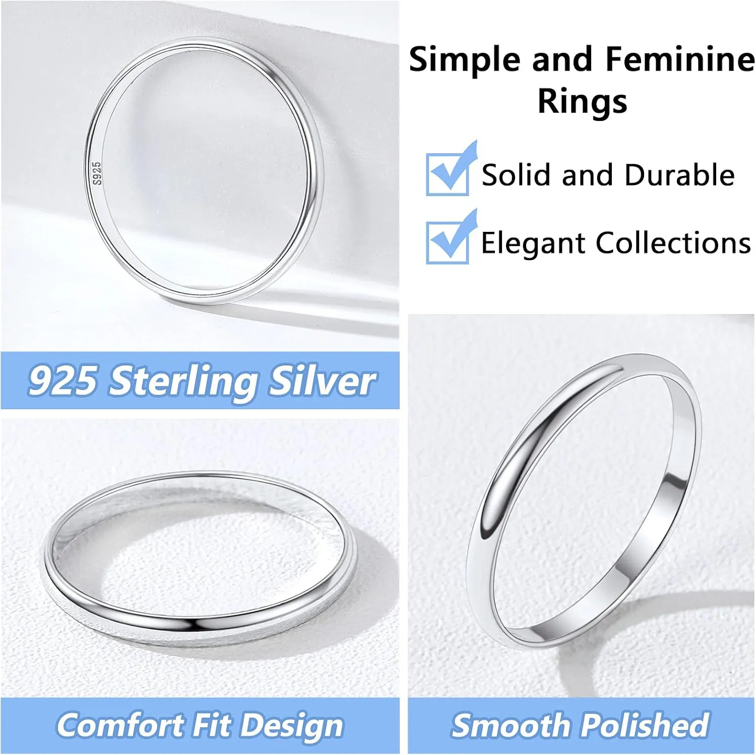 Silvora Sterling Silver Polished Band Rings, 2mm/3mm/5mm Rose Gold Eternity Wedding Engagement Bands for Women Men Size 4-12