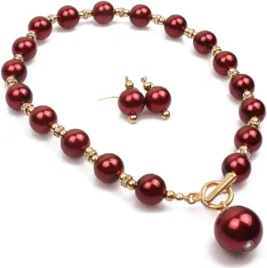 Simple Elegant Faux Pearl Choker Pendant Necklace Earrings Set