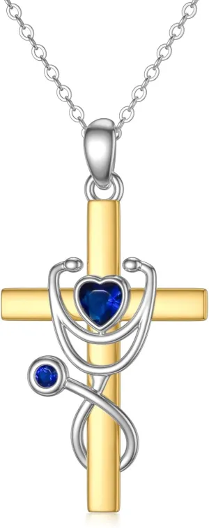 SISGEM 10K Real Gold Cross Pendant Necklace for Women,White/Yellow Gold Stethoscope Heart Necklaces,Medical Jewelry for Doctor Nurse Medical Student RN Nurse Gifts,16'' 2''