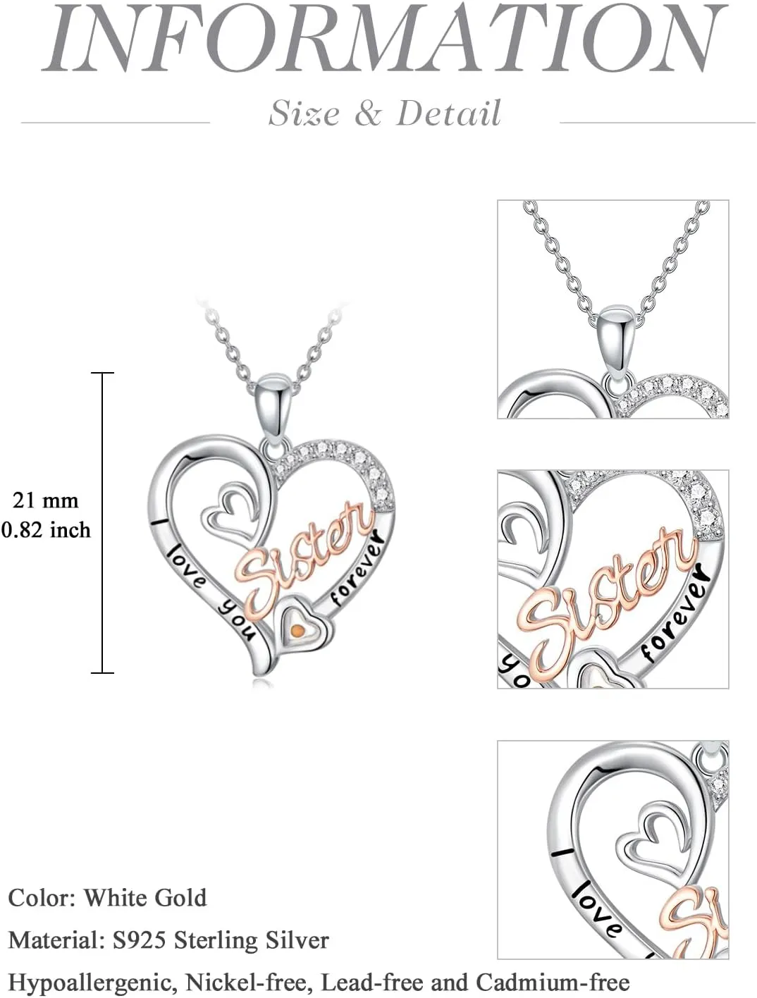 Sister Necklaces 925 Sterling Silver Birthstone Pendant I Love You Forever Sister Birthday Jewelry, Personalized Sisters Gifts for Women