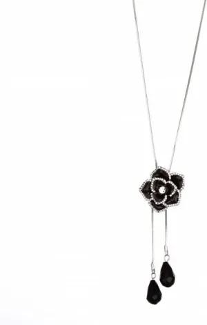 Sither Black Rose Necklace for Women Long Beads Tassel Necklace Silver Sweater Necklace Chain Wedding Dressy Necklace Jewelry for Winter Evening Party Christmas Gift