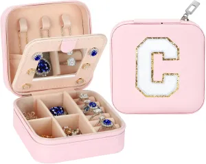 Small Travel Jewelry Box Organizer with Mirror, Women Teen Girl Gifts Trendy Stuff, Double Layer Portable Travel Case Display Storage Holder Boxes for Stud Earrings, Rings, Necklaces, Bracelets (C)