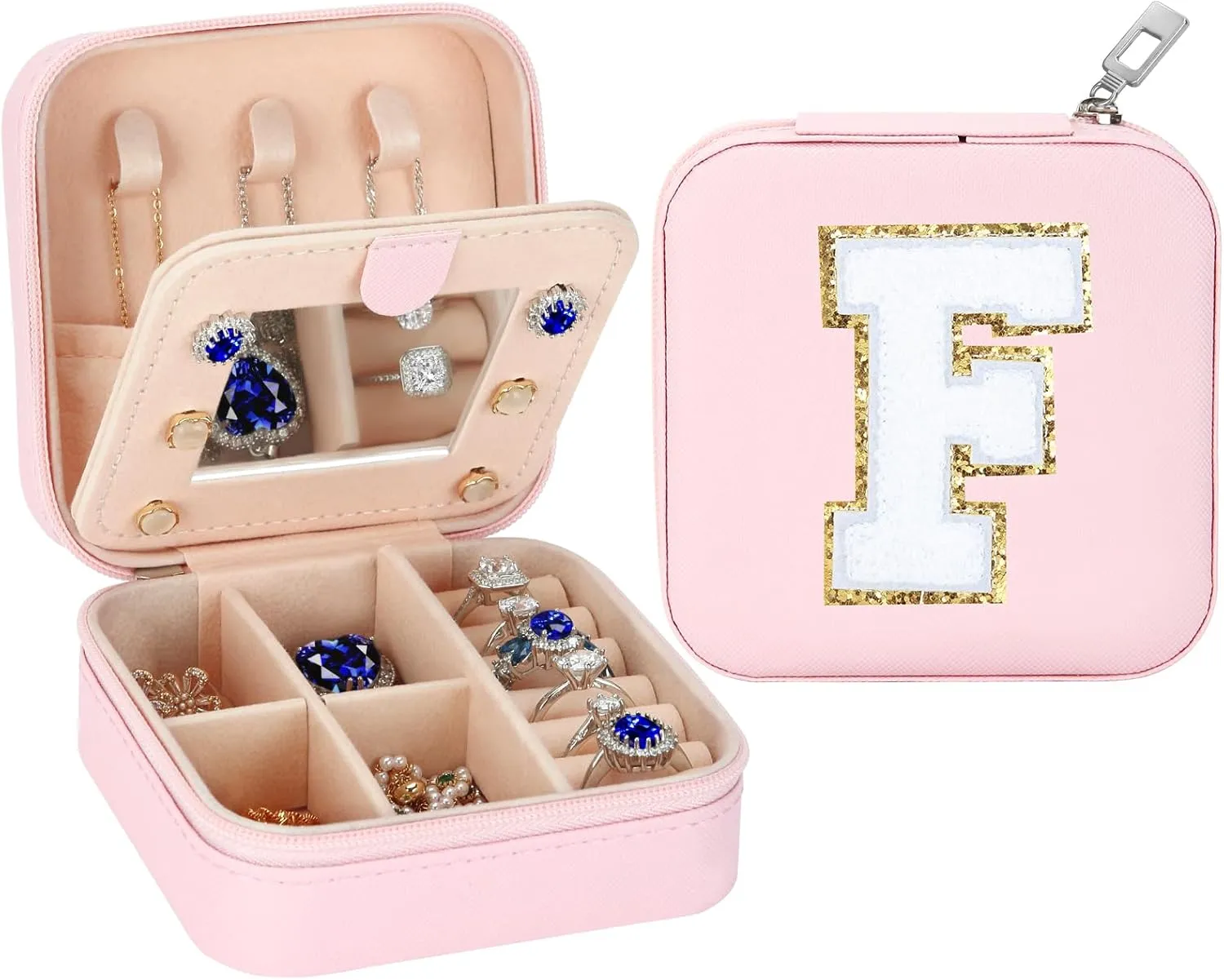 Small Travel Jewelry Box Organizer with Mirror, Women Teen Girl Gifts Trendy Stuff, Double Layer Portable Travel Case Display Storage Holder Boxes for Stud Earrings, Rings, Necklaces, Bracelets (F)