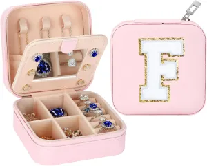 Small Travel Jewelry Box Organizer with Mirror, Women Teen Girl Gifts Trendy Stuff, Double Layer Portable Travel Case Display Storage Holder Boxes for Stud Earrings, Rings, Necklaces, Bracelets (F)