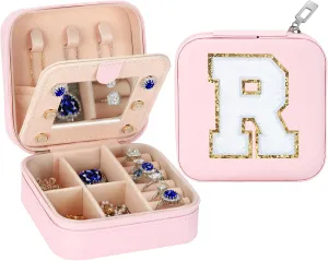 Small Travel Jewelry Box Organizer with Mirror, Women Teen Girl Gifts Trendy Stuff, Double Layer Portable Travel Case Display Storage Holder Boxes for Stud Earrings, Rings, Necklaces, Bracelets (R)