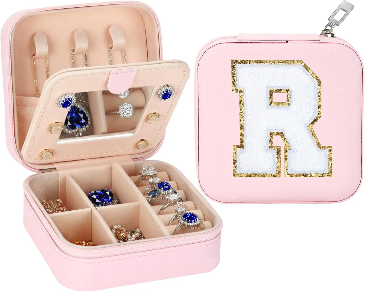 Small Travel Jewelry Box Organizer with Mirror, Women Teen Girl Gifts Trendy Stuff, Double Layer Portable Travel Case Display Storage Holder Boxes for Stud Earrings, Rings, Necklaces, Bracelets (R)