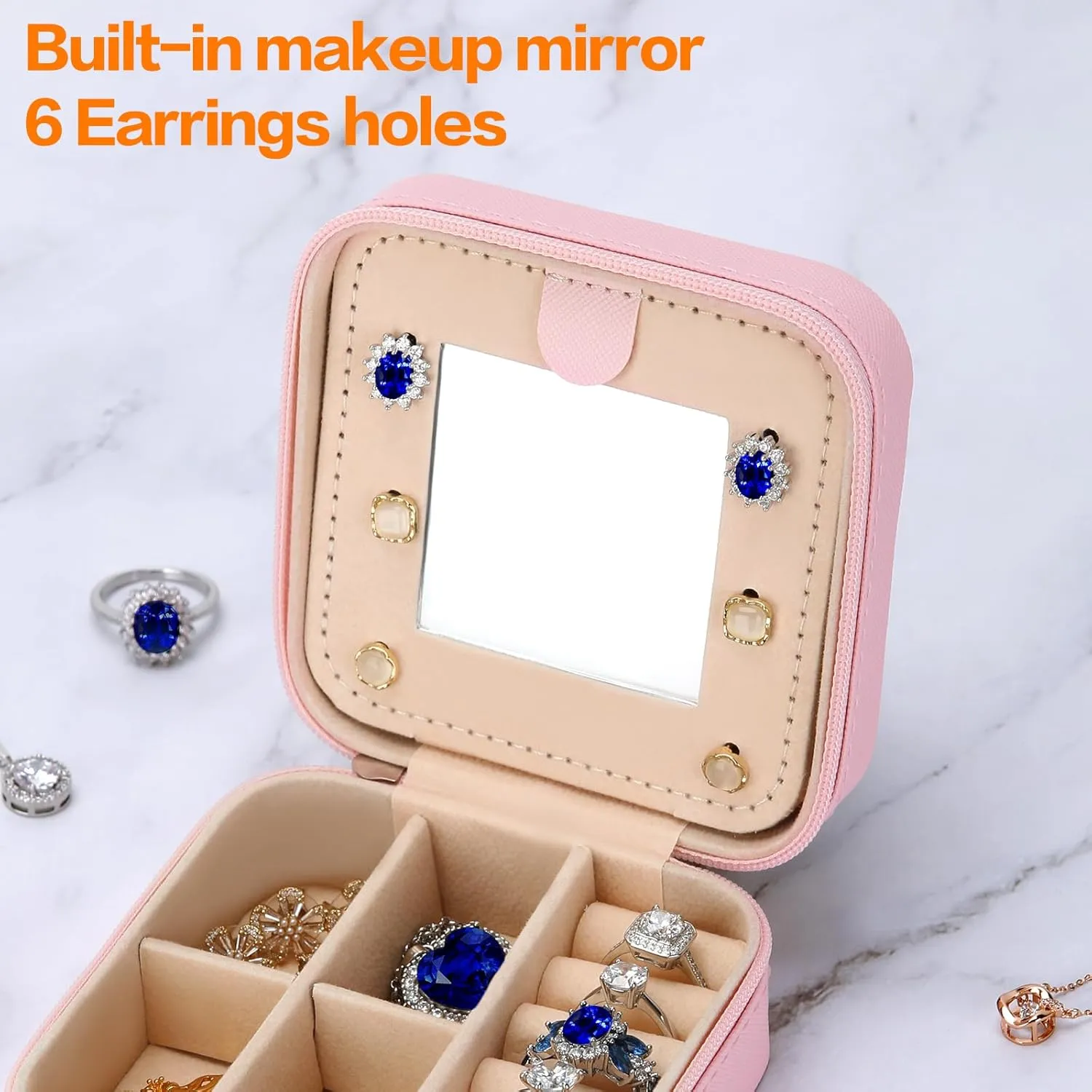 Small Travel Jewelry Box Organizer with Mirror, Women Teen Girl Gifts Trendy Stuff, Double Layer Portable Travel Case Display Storage Holder Boxes for Stud Earrings, Rings, Necklaces, Bracelets (R)