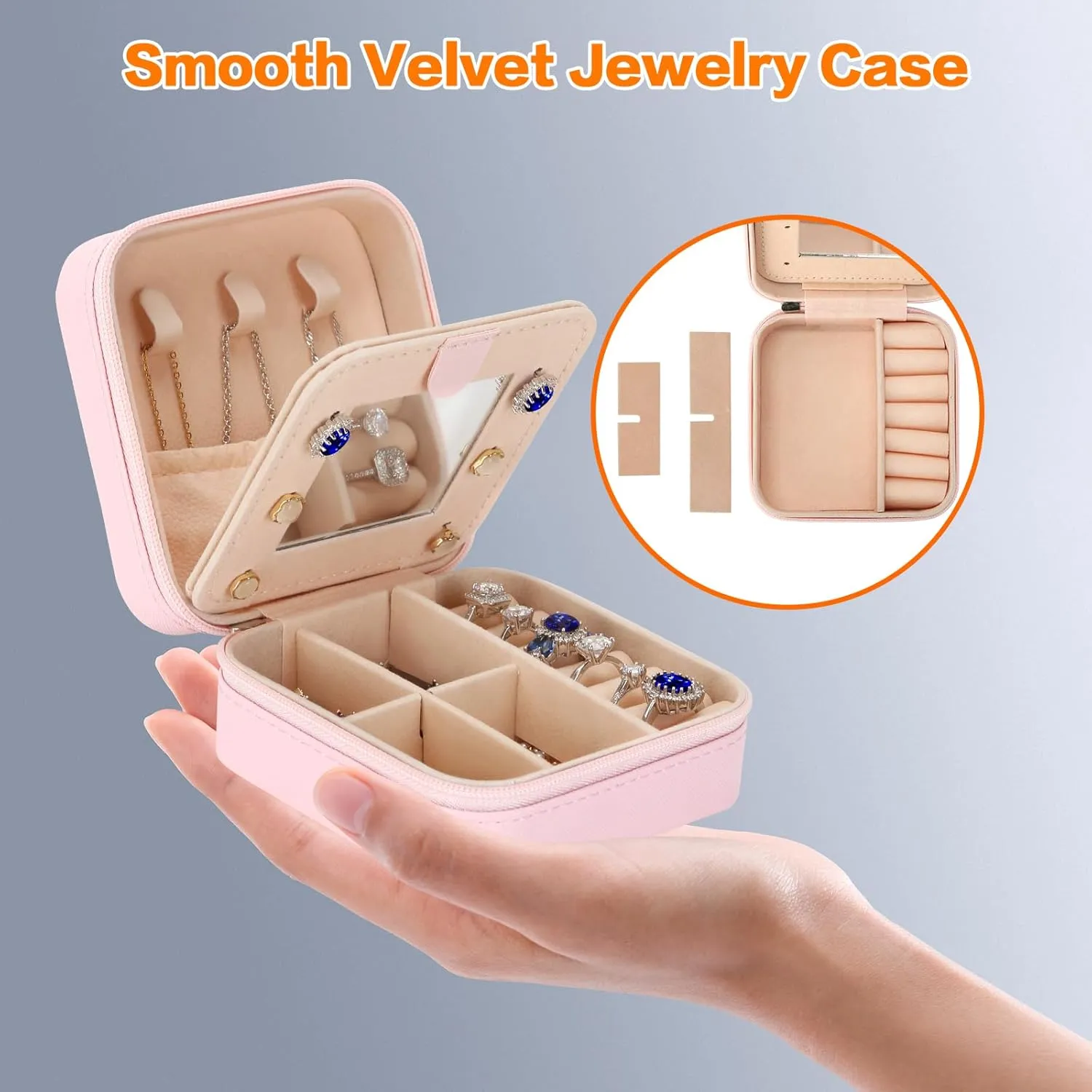 Small Travel Jewelry Box Organizer with Mirror, Women Teen Girl Gifts Trendy Stuff, Double Layer Portable Travel Case Display Storage Holder Boxes for Stud Earrings, Rings, Necklaces, Bracelets (R)