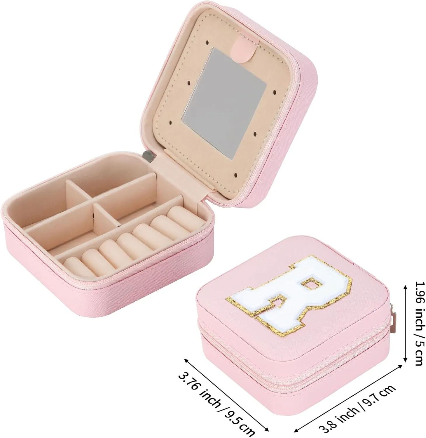 Small Travel Jewelry Box Organizer with Mirror, Women Teen Girl Gifts Trendy Stuff, Double Layer Portable Travel Case Display Storage Holder Boxes for Stud Earrings, Rings, Necklaces, Bracelets (R)