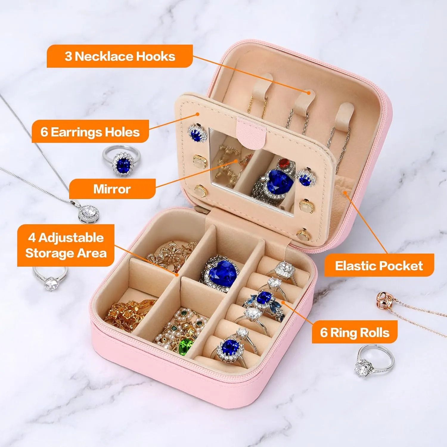 Small Travel Jewelry Box Organizer with Mirror, Women Teen Girl Gifts Trendy Stuff, Double Layer Portable Travel Case Display Storage Holder Boxes for Stud Earrings, Rings, Necklaces, Bracelets (R)