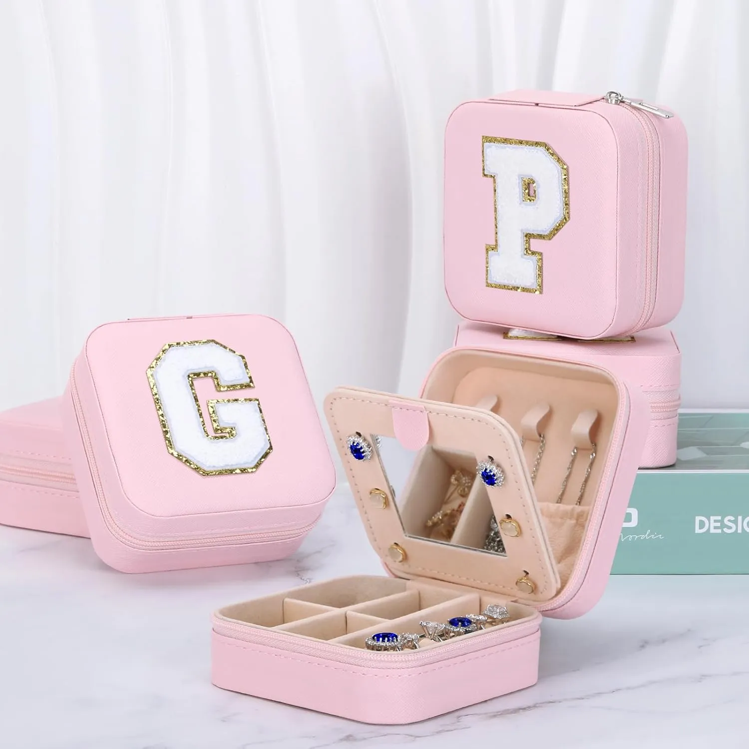 Small Travel Jewelry Box Organizer with Mirror, Women Teen Girl Gifts Trendy Stuff, Double Layer Portable Travel Case Display Storage Holder Boxes for Stud Earrings, Rings, Necklaces, Bracelets (R)