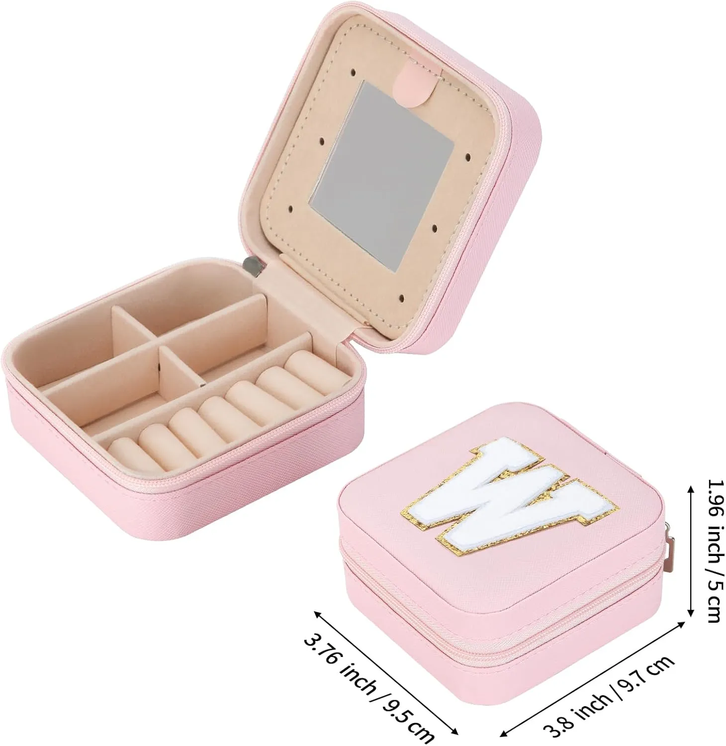 Small Travel Jewelry Box Organizer with Mirror, Women Teen Girl Gifts Trendy Stuff, Double Layer Portable Travel Case Display Storage Holder Boxes for Stud Earrings, Rings, Necklaces, Bracelets (W)