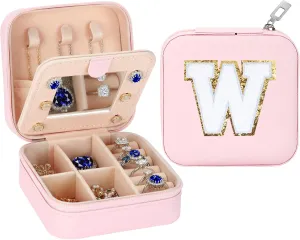 Small Travel Jewelry Box Organizer with Mirror, Women Teen Girl Gifts Trendy Stuff, Double Layer Portable Travel Case Display Storage Holder Boxes for Stud Earrings, Rings, Necklaces, Bracelets (W)