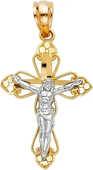 Solid 14K Two Tone Gold Crucifix Pendant - Jesus Engraved in Linear Cross Charm - Religious Based Fine Jewelry - Suitable for Men & Women for All Occasions, 21 mm X 15 mm, 0.8 Grams