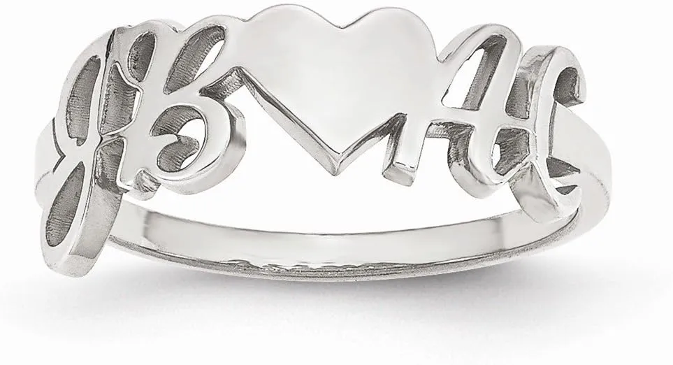 Solid 925 Sterling Silver Laser Couple's Initials Letters And Heart Ring Band