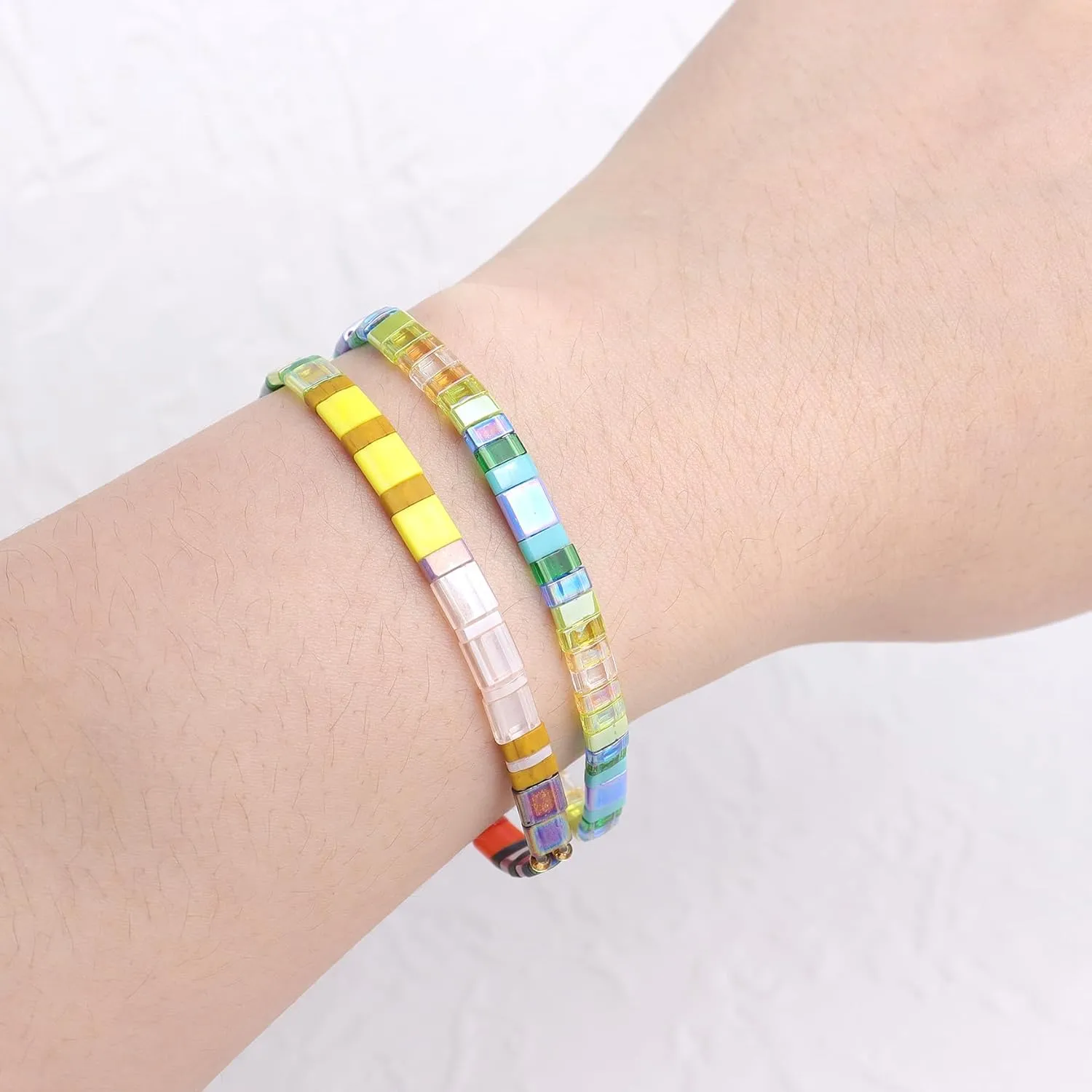 Sonateomber Tila Flat Beaded Stretch Bracelets for Women, Trendy Unique Handmade Stackable Mixed Colorful Square Beads Miyuk Link Bracelet Summer Jewelry Gift
