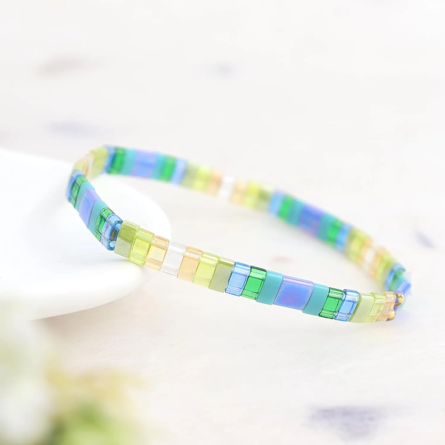 Sonateomber Tila Flat Beaded Stretch Bracelets for Women, Trendy Unique Handmade Stackable Mixed Colorful Square Beads Miyuk Link Bracelet Summer Jewelry Gift