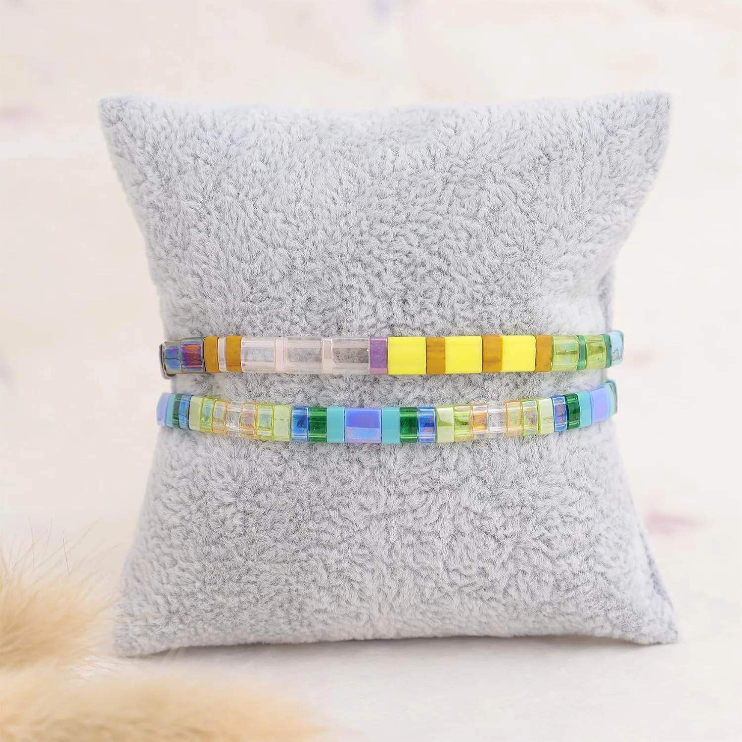 Sonateomber Tila Flat Beaded Stretch Bracelets for Women, Trendy Unique Handmade Stackable Mixed Colorful Square Beads Miyuk Link Bracelet Summer Jewelry Gift