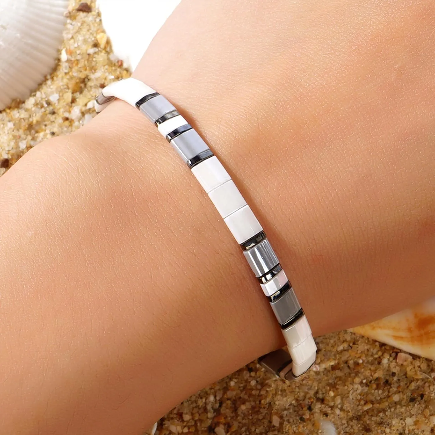 Sonateomber Tila Flat Beaded Stretch Bracelets for Women, Trendy Unique Handmade Stackable Mixed Colorful Square Beads Miyuk Link Bracelet Summer Jewelry Gift