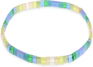 Sonateomber Tila Flat Beaded Stretch Bracelets for Women, Trendy Unique Handmade Stackable Mixed Colorful Square Beads Miyuk Link Bracelet Summer Jewelry Gift
