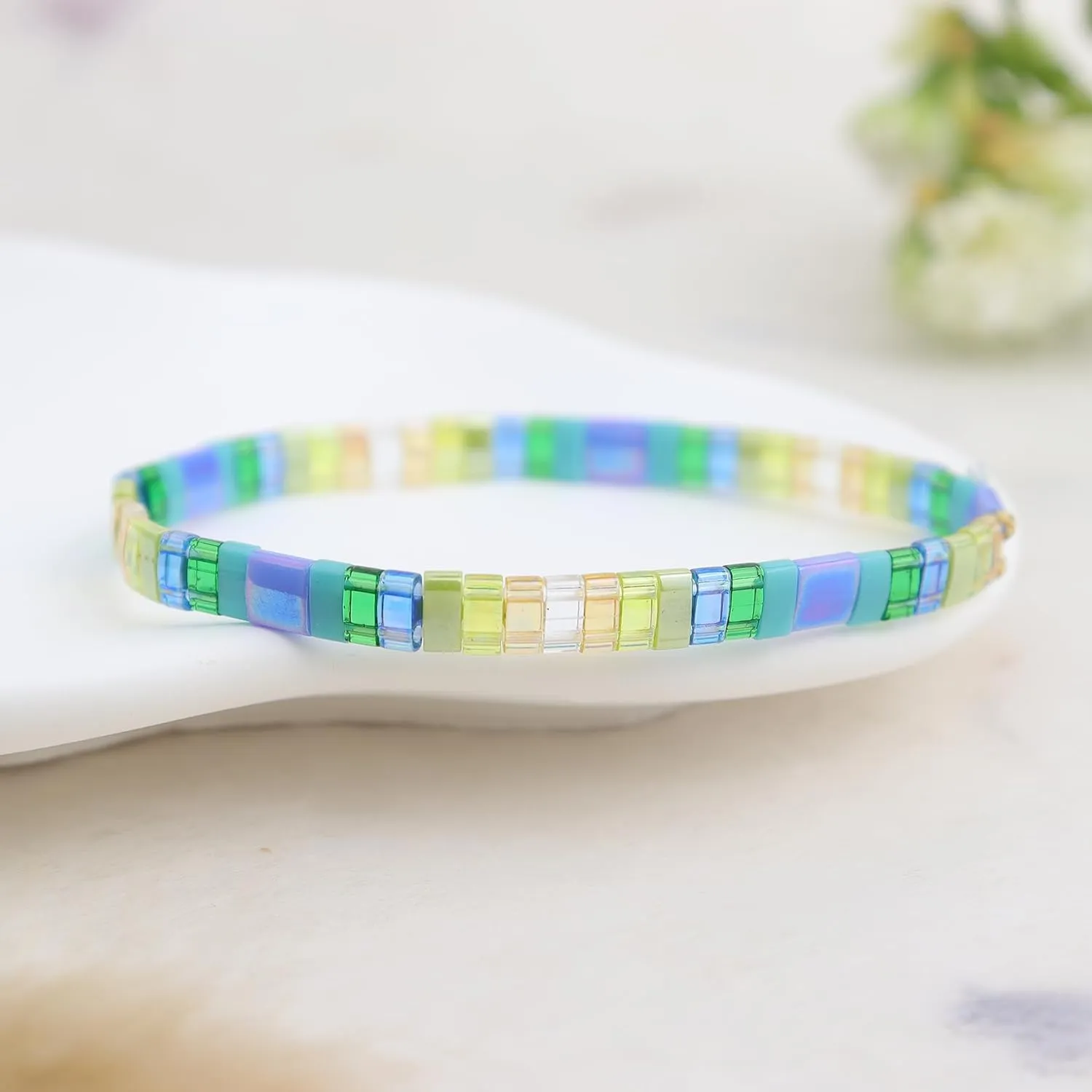 Sonateomber Tila Flat Beaded Stretch Bracelets for Women, Trendy Unique Handmade Stackable Mixed Colorful Square Beads Miyuk Link Bracelet Summer Jewelry Gift