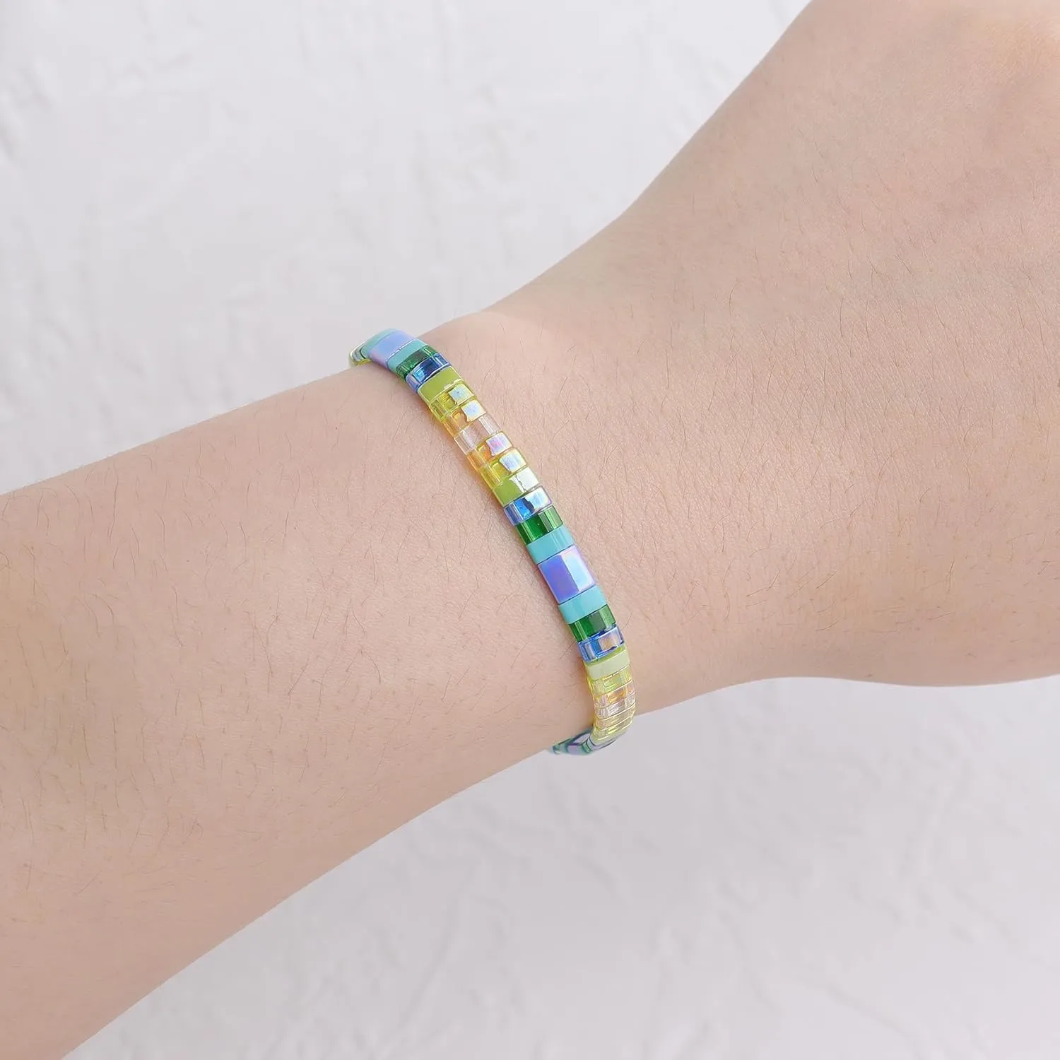 Sonateomber Tila Flat Beaded Stretch Bracelets for Women, Trendy Unique Handmade Stackable Mixed Colorful Square Beads Miyuk Link Bracelet Summer Jewelry Gift