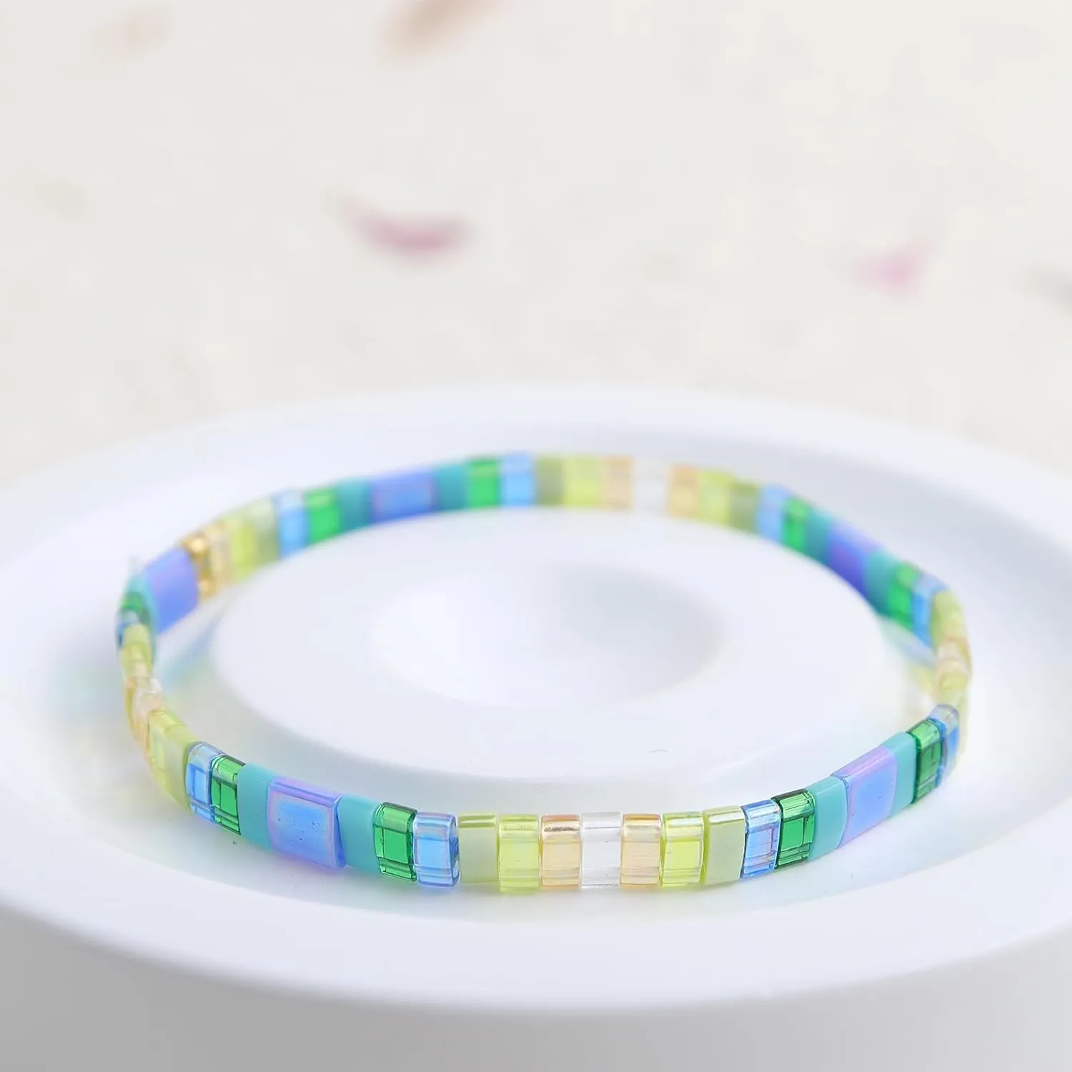 Sonateomber Tila Flat Beaded Stretch Bracelets for Women, Trendy Unique Handmade Stackable Mixed Colorful Square Beads Miyuk Link Bracelet Summer Jewelry Gift