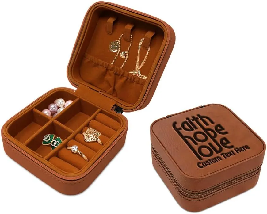 Speedy Pros Custom Leather Jewelry Box Faith Hope Love Engraved Travel Jewelry Case Personalized Jewelry Organizer Earring Ring Box Storage Caramel Personalized Text Here