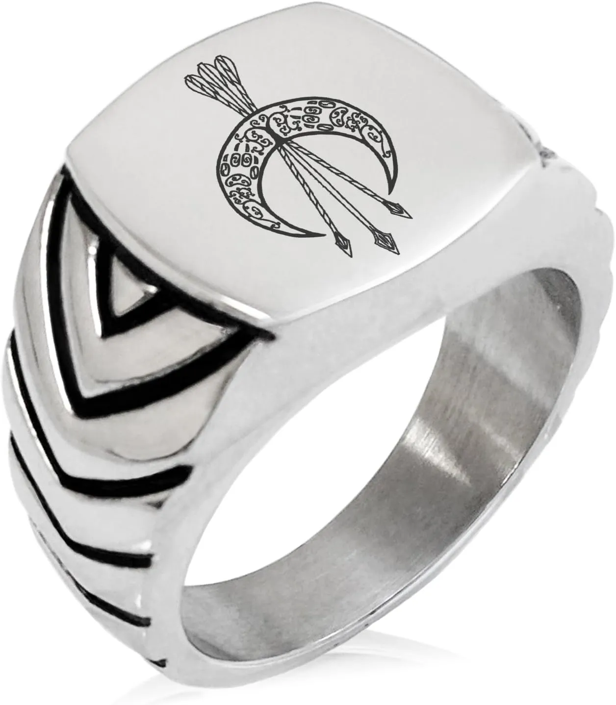 Stainless Steel Artemis Greek Goddess of Moon Chevron Pattern Biker Style Polished Ring