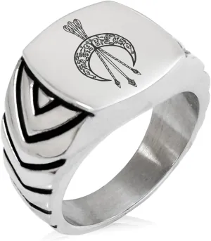 Stainless Steel Artemis Greek Goddess of Moon Chevron Pattern Biker Style Polished Ring