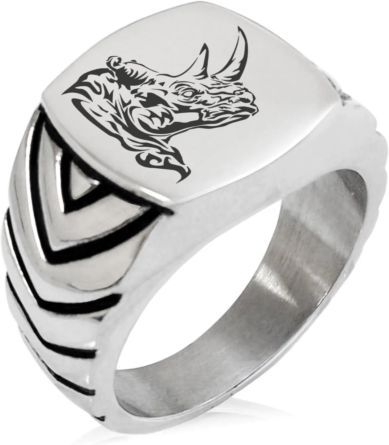 Stainless Steel Berserk Rhino Chevron Pattern Biker Style Polished Ring