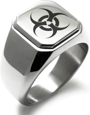 Stainless Steel Biohazard Symbol Square Flat Top Biker Style Polished Ring