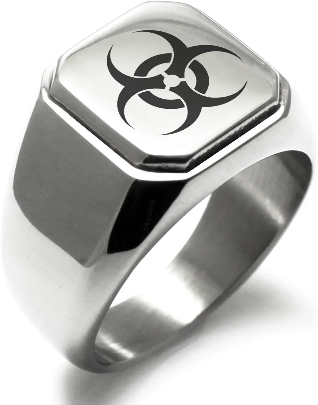 Stainless Steel Biohazard Symbol Square Flat Top Biker Style Polished Ring