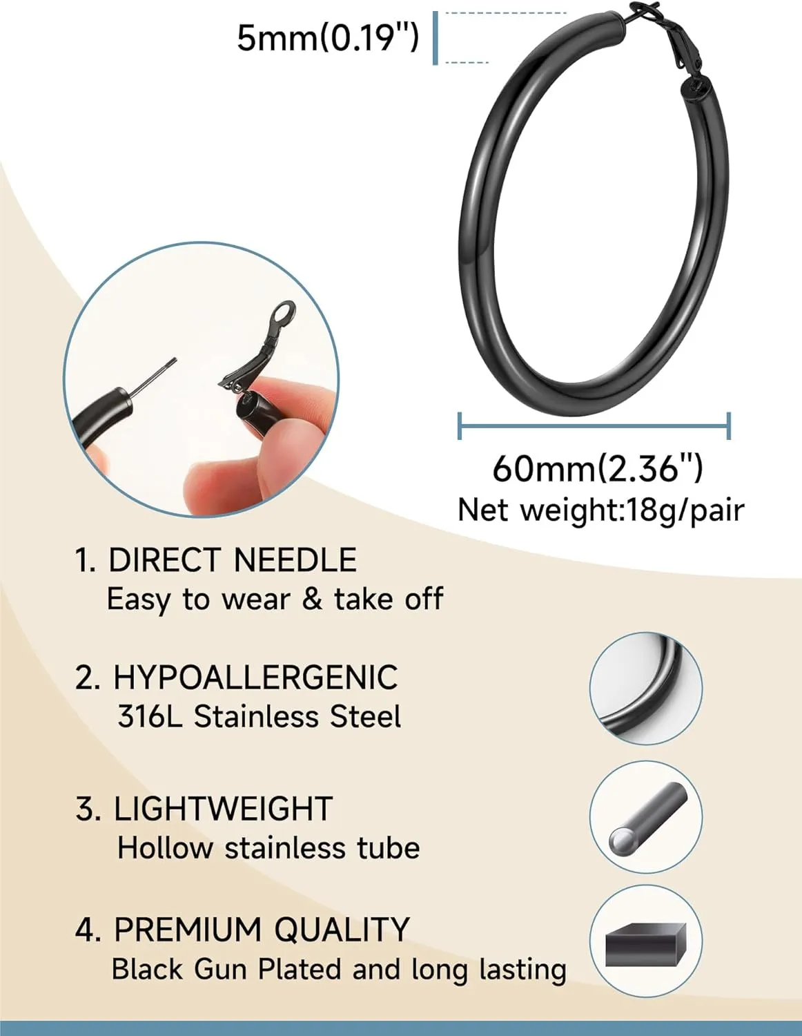 Stainless Steel Chunky Hoop Earrings For Women, Minimalist and Chic, Black/Gold Plated, Round Hoops Earrings Hypoallergenic, Size: 30mm/40mm/60mm/80mm, Come with Box
